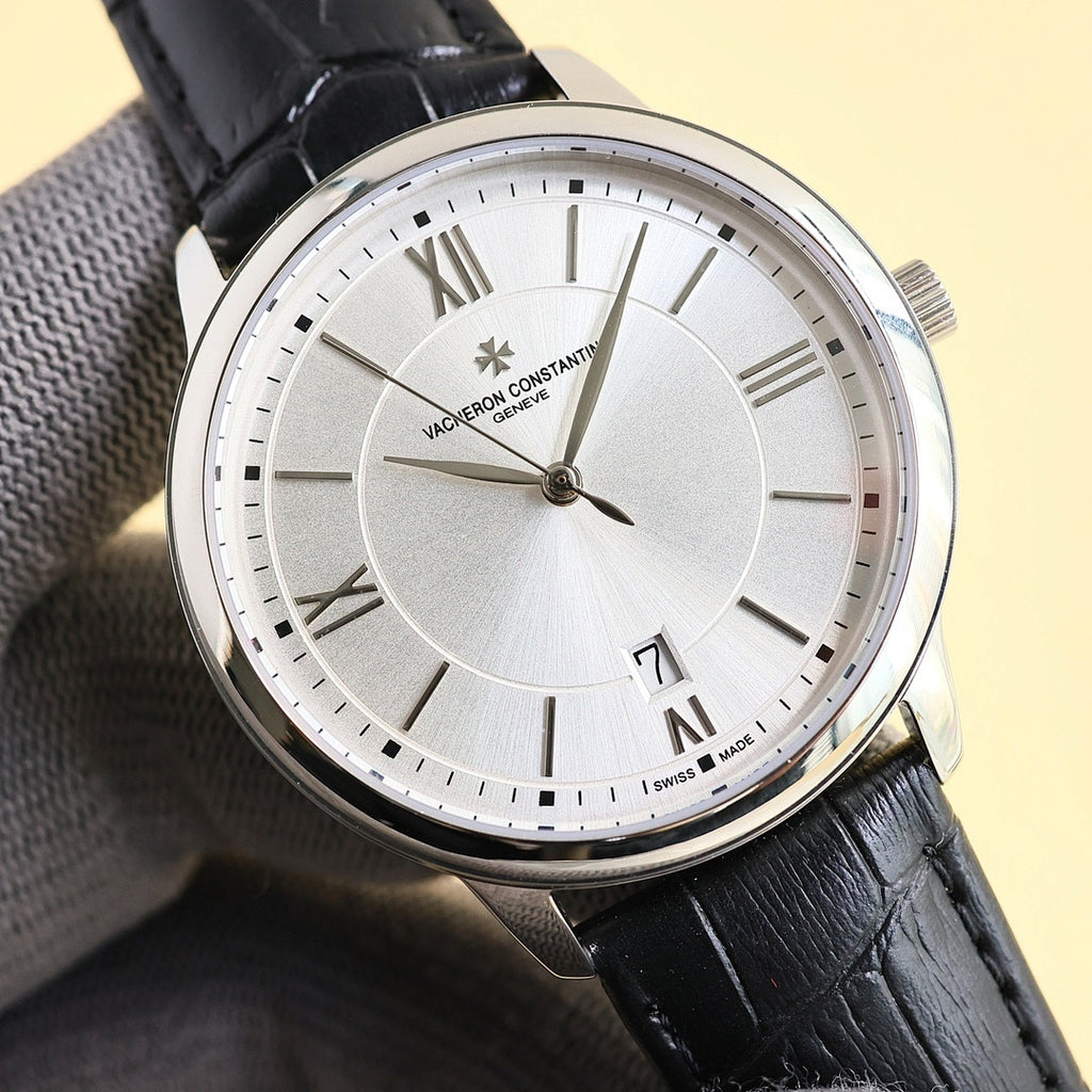Vacheron Constantin watch with black leather strap, white dial, Roman numerals, date at 7