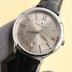 Vacheron Constantin watch with black leather strap, silver dial, Roman numerals, date at 6