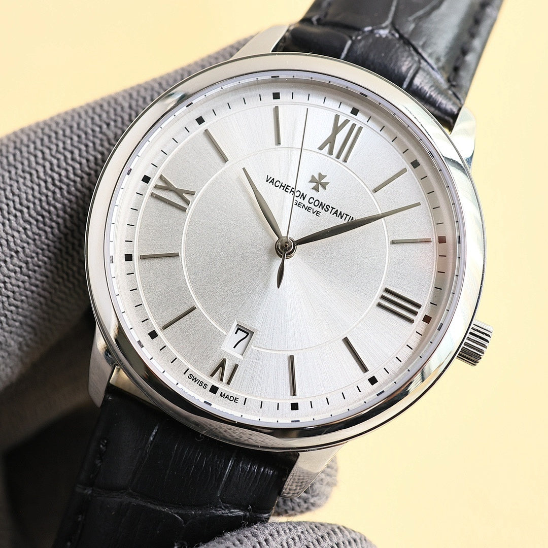 Vacheron Constantin watch with black leather strap, light dial, Roman numerals, date at 7