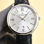 Vacheron Constantin watch with black leather strap, light dial, Roman numerals, date at 7