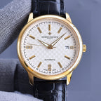 Vacheron Constantin watch with gold-tone case, white textured dial, black leather strap