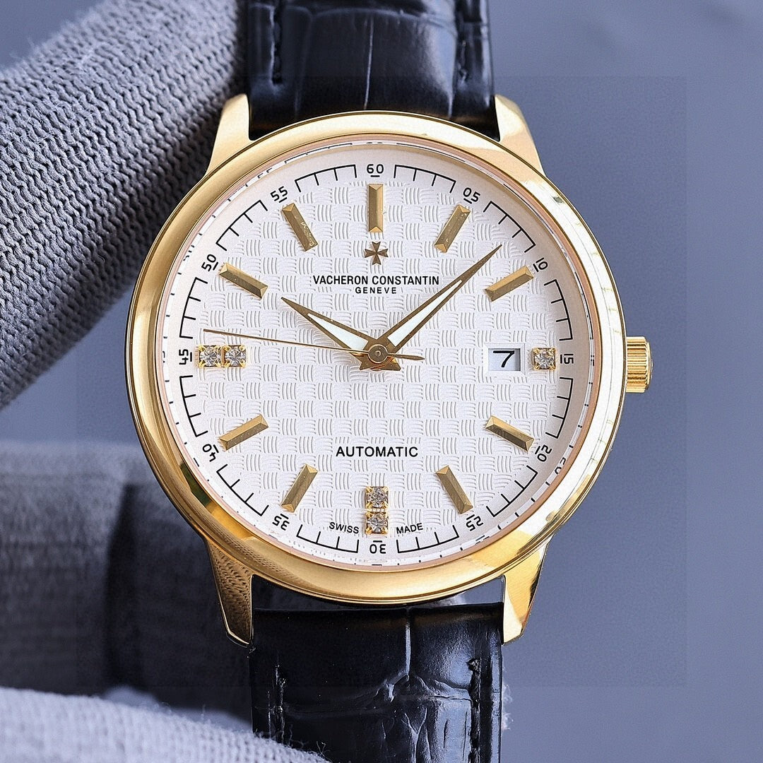 Vacheron Constantin watch with gold-tone case, white textured dial, black leather strap