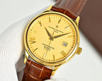 Vacheron Constantin watch close view of dial, gold case, brown leather strap, date marker