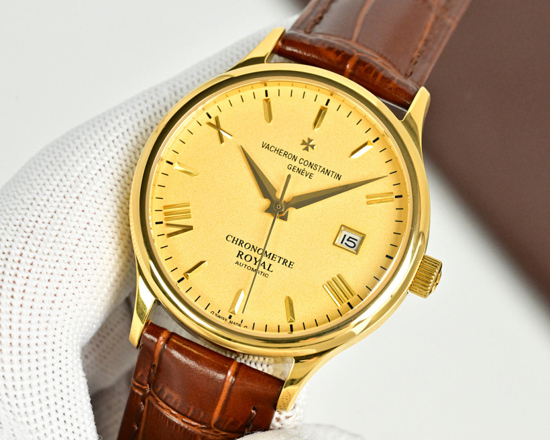 Vacheron Constantin watch close view of dial, gold case, brown leather strap, date marker