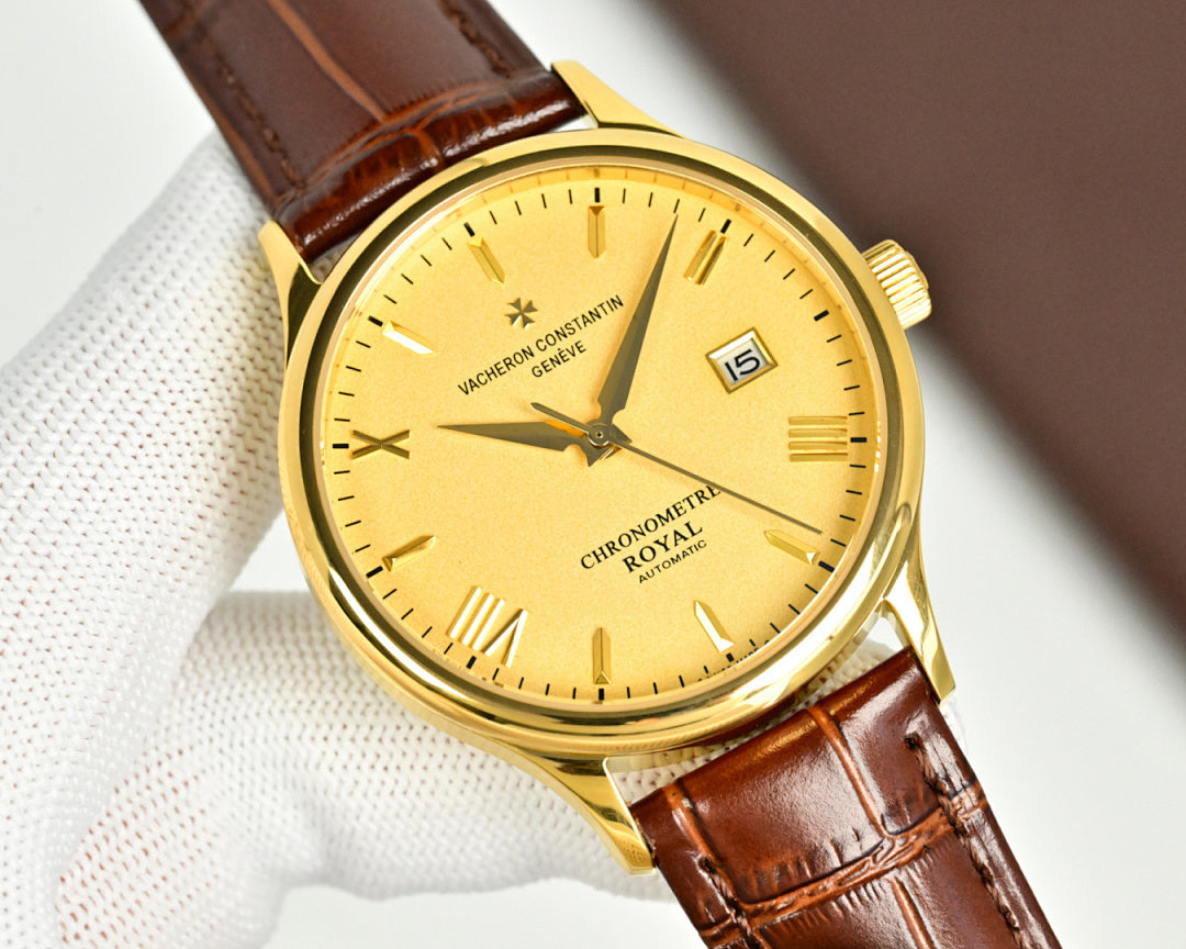 Vacheron Constantin watch angled view, gold case, yellow dial, brown leather strap