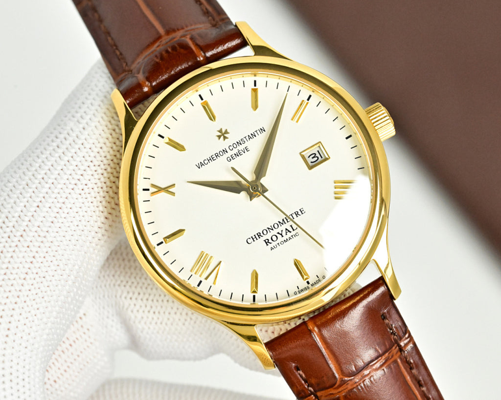 Vacheron Constantin watch angled front with gold case, white dial, brown leather strap and date