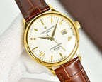 Vacheron Constantin watch angled front with gold case, white dial, brown leather strap and date