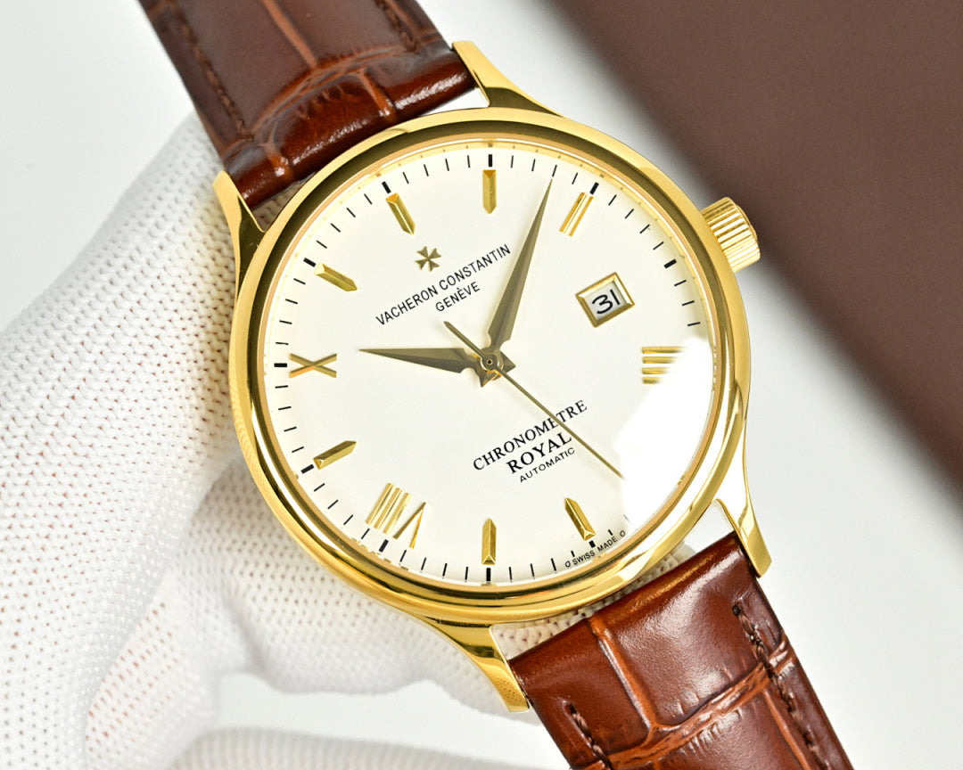 Vacheron Constantin watch angled front with gold case, white dial, brown leather strap and date