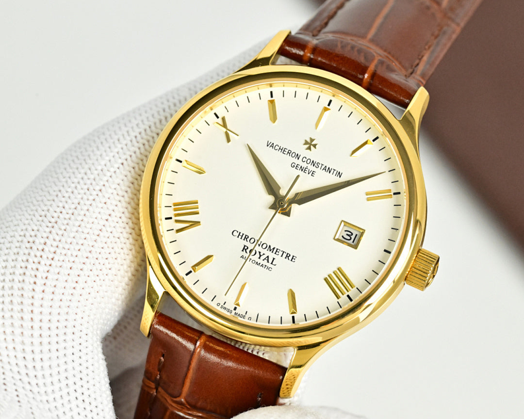 Vacheron Constantin watch with gold case, light yellow dial, brown leather strap and crown