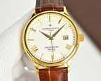 Vacheron Constantin watch with gold case, white dial, brown leather strap and stick markers
