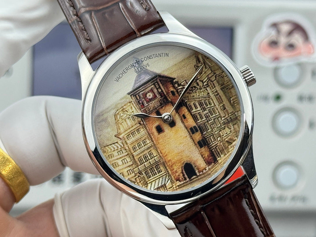 Round watch on brown leather strap with silver case, architectural dial and crown side.