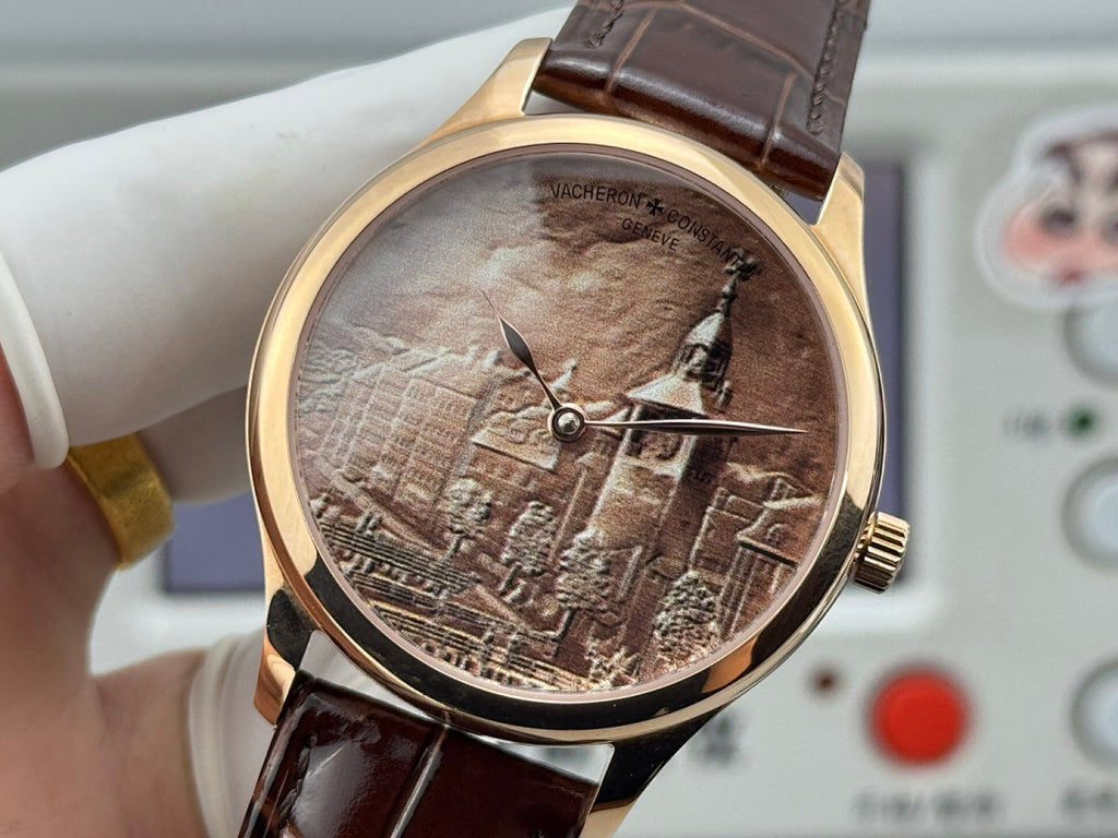 Gold-tone wristwatch with brown leather strap; round dial with Eiffel Tower and cityscape