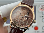 Gold-tone wristwatch with brown leather strap; round dial with Eiffel Tower and cityscape