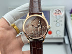 Gold-tone wristwatch with brown leather strap; sepia city dial with Eiffel Tower