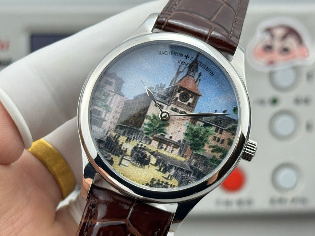 Vacheron Constantin wristwatch with brown leather strap and illustrated tower dial