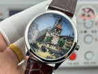 Vacheron Constantin wristwatch with brown leather strap and illustrated tower dial