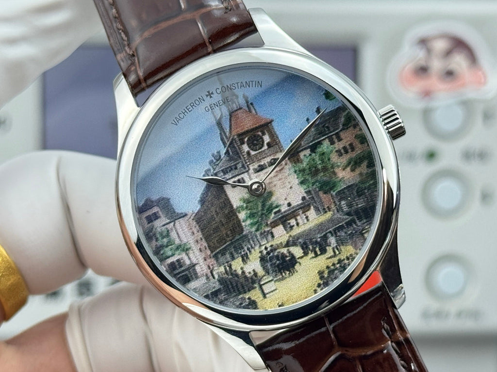 Vacheron Constantin wristwatch with brown leather strap and tower cityscape dial