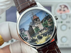 Vacheron Constantin wristwatch with brown leather strap and tower cityscape dial