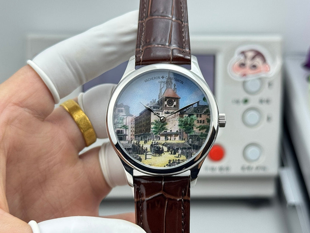 Vacheron Constantin wristwatch with brown leather strap and cityscape clock dial