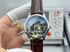 Vacheron Constantin wristwatch with brown leather strap and cityscape clock dial