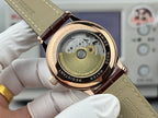 Vacheron Constantin wristwatch caseback view showing Swiss-made rotor, brown leather strap