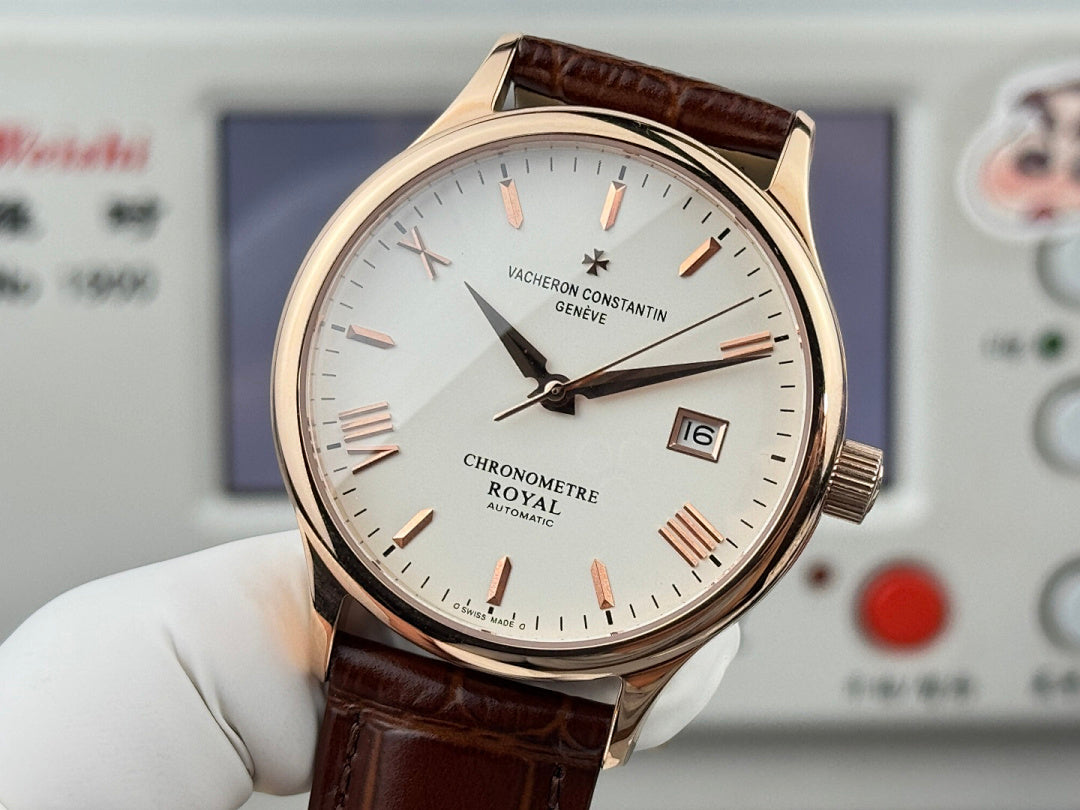 Vacheron Constantin wristwatch front view with white dial, brown leather strap, date window