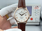 Vacheron Constantin wristwatch with white dial, brown leather strap, gold-tone case, date