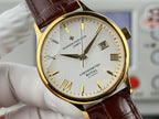 Vacheron Constantin watch close-up, white dial with date window and brown leather strap