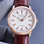 Vacheron Constantin watch, white patterned dial, brown crocodile leather strap, rose-gold case.