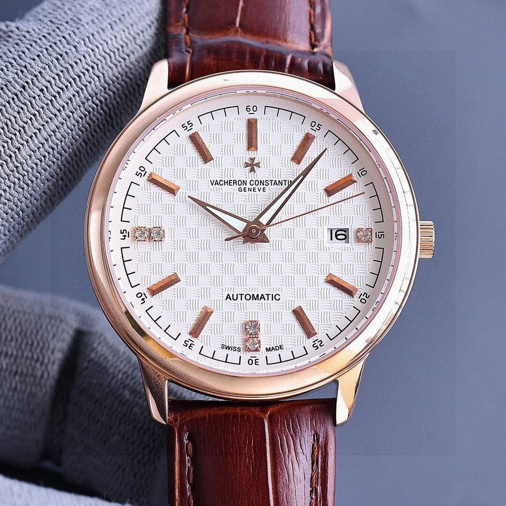 Vacheron Constantin watch, white patterned dial, brown leather strap, rose-gold case, date 16.