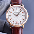Vacheron Constantin watch, white patterned dial, brown leather strap, rose-gold case, date 16.