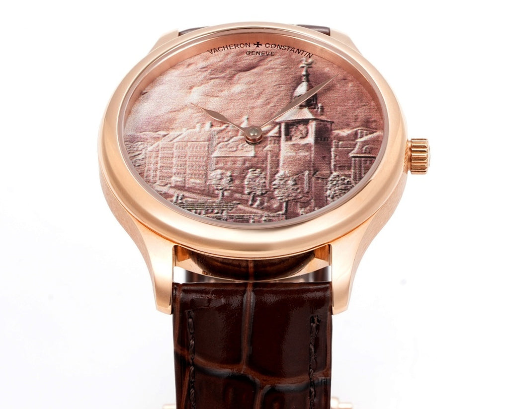 Rose-gold wristwatch with brown leather strap and brown-toned city dial