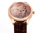 Rose-gold wristwatch with brown leather strap and brown-toned city dial