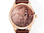 Rose-gold wristwatch front view with brown leather strap and city dial