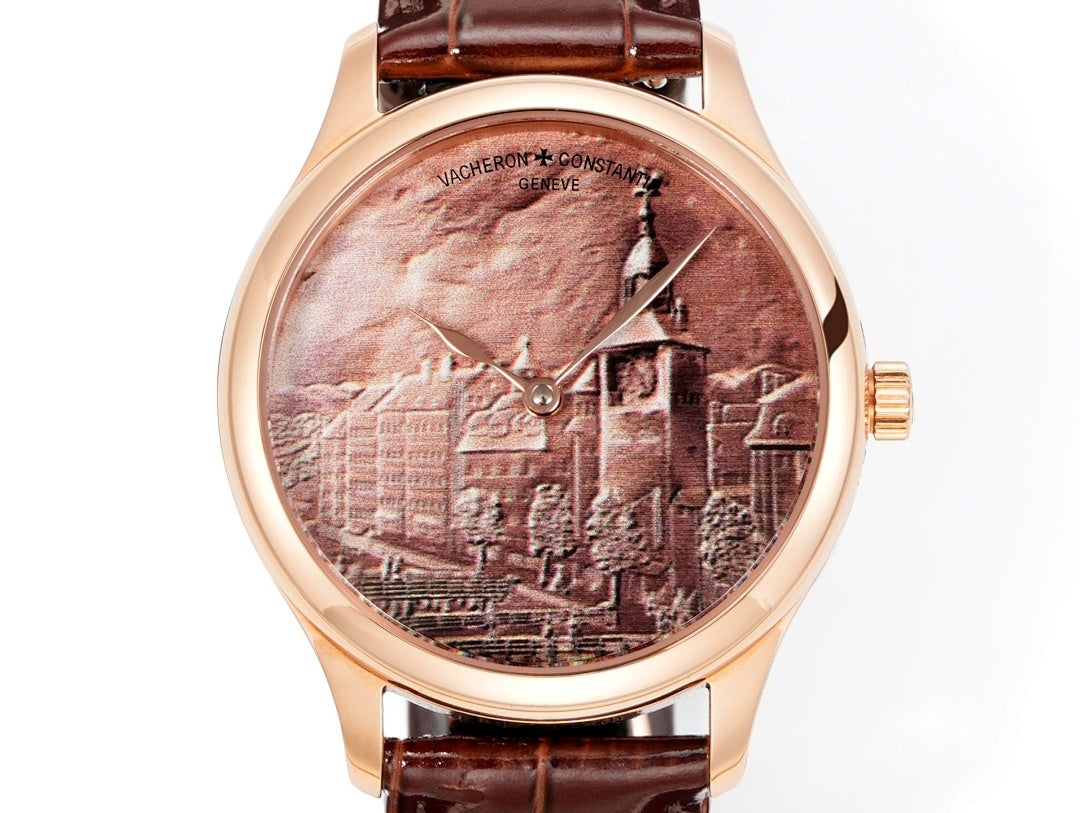Rose-gold wristwatch front view with brown leather strap and city dial