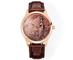 Rose-gold round wristwatch with brown leather strap and city dial