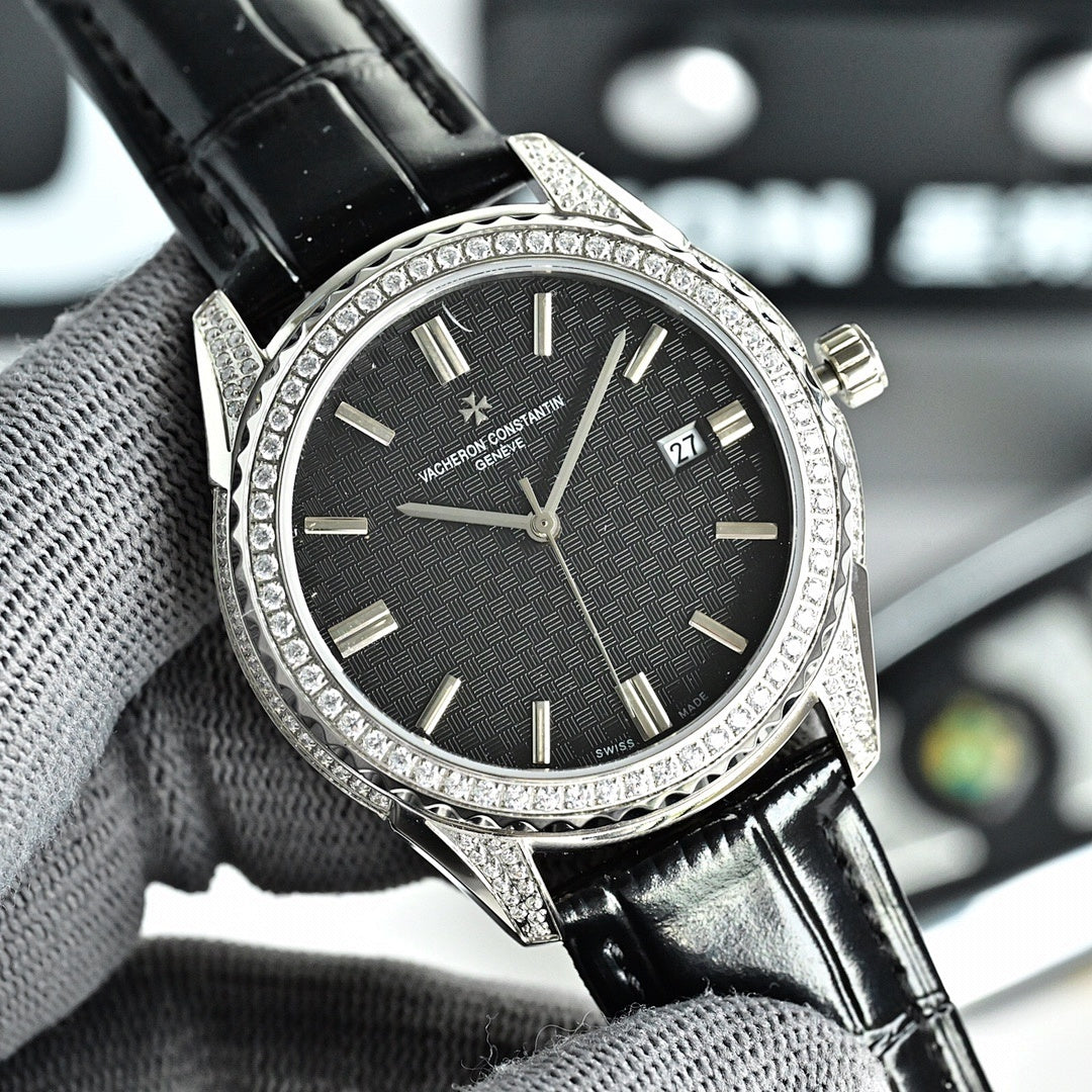 Vacheron Constantin watch with diamond bezel, dark textured dial, and black leather strap.