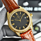 Vacheron Constantin watch with gold bezel, dark dial, and brown leather strap.