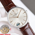 Luxury wristwatch with white dial and brown leather strap, silver case and hour markers.
