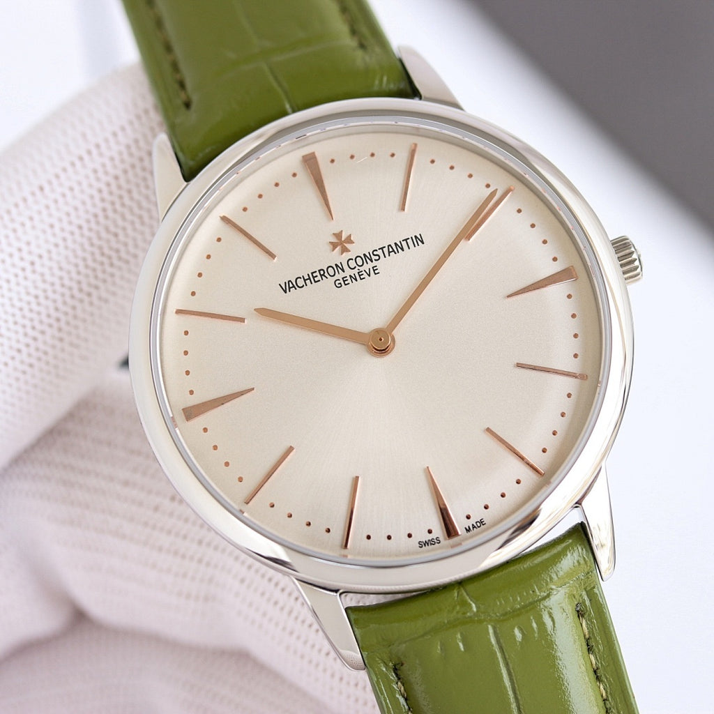 Vacheron Constantin wristwatch, silver case, white dial, green leather strap