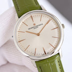 Vacheron Constantin wristwatch, silver case, white dial, green leather strap