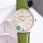 Vacheron Constantin wristwatch, silver case, white dial, green leather strap
