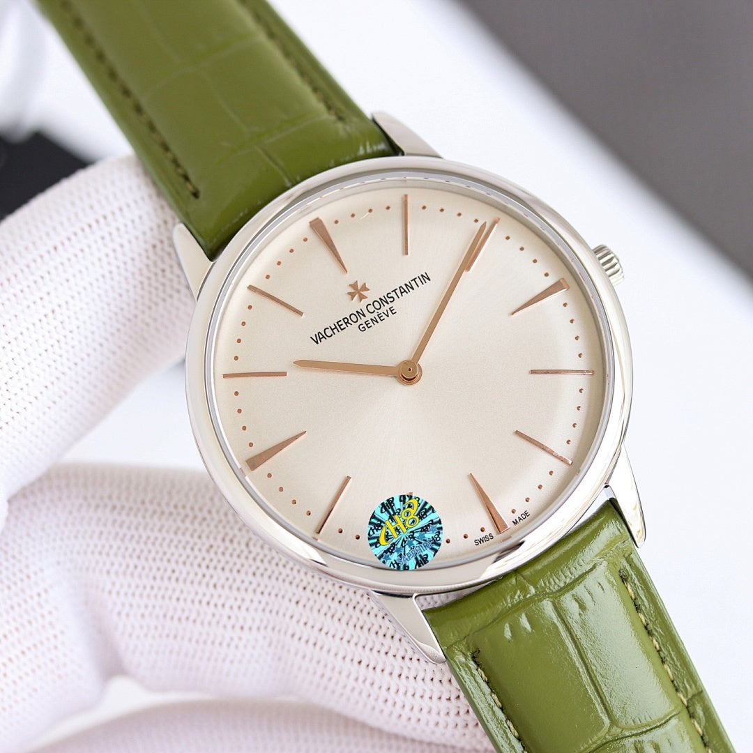 Vacheron Constantin wristwatch, silver case, white dial, green leather strap, logo at 6