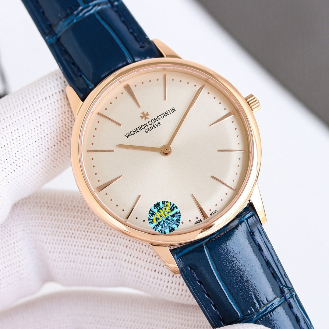Vacheron Constantin wristwatch, rose gold case, white dial, blue leather strap