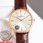 Rose-gold watch with cream dial and brown leather strap, close-up front view