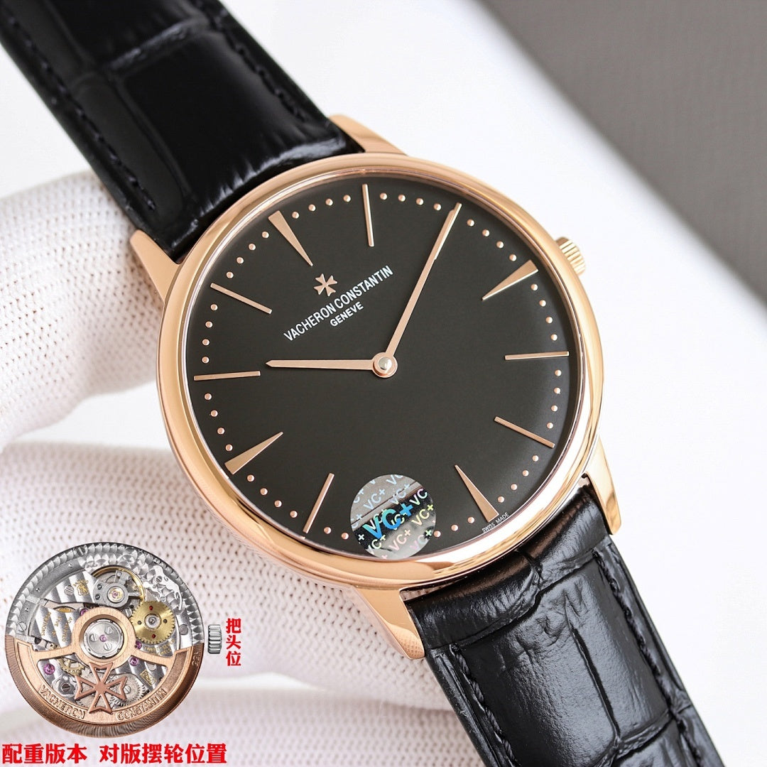 Black-dial watch with black leather strap and rose-gold case, crown detail at right
