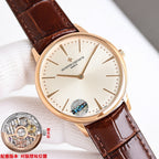 Rose-gold watch with cream dial and brown leather strap, three-quarter view