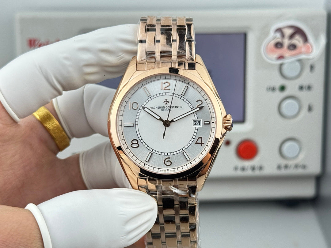 Vacheron Constantin wristwatch with gold-tone metal bracelet and light dial, centered front.
