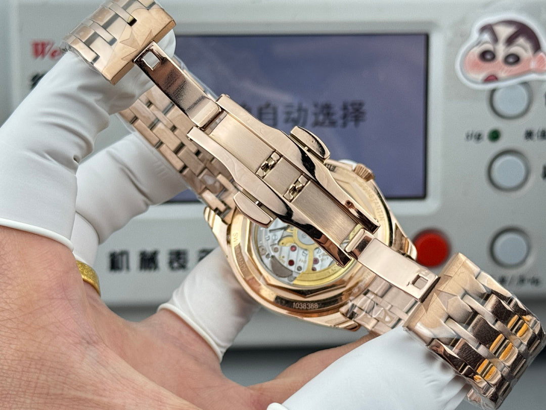 Vacheron Constantin wristwatch with gold-tone metal bracelet, side view showing clasp.