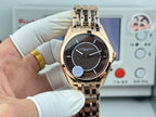 Vacheron Constantin gold-tone wristwatch front view with black dial and metal bracelet